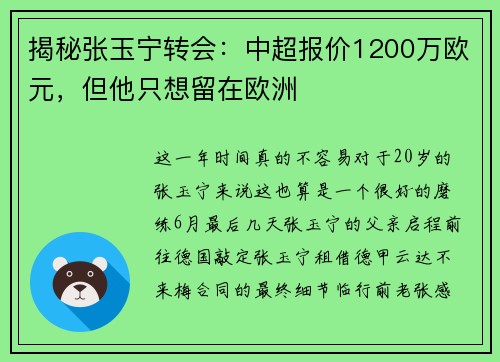 揭秘张玉宁转会：中超报价1200万欧元，但他只想留在欧洲